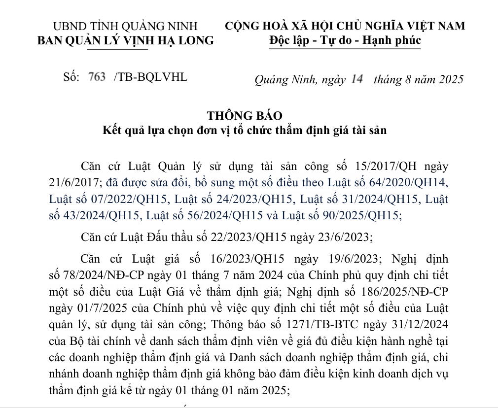 Thông báo Kết quả lựa chọn đơn vị tổ chức thẩm định giá tài sản