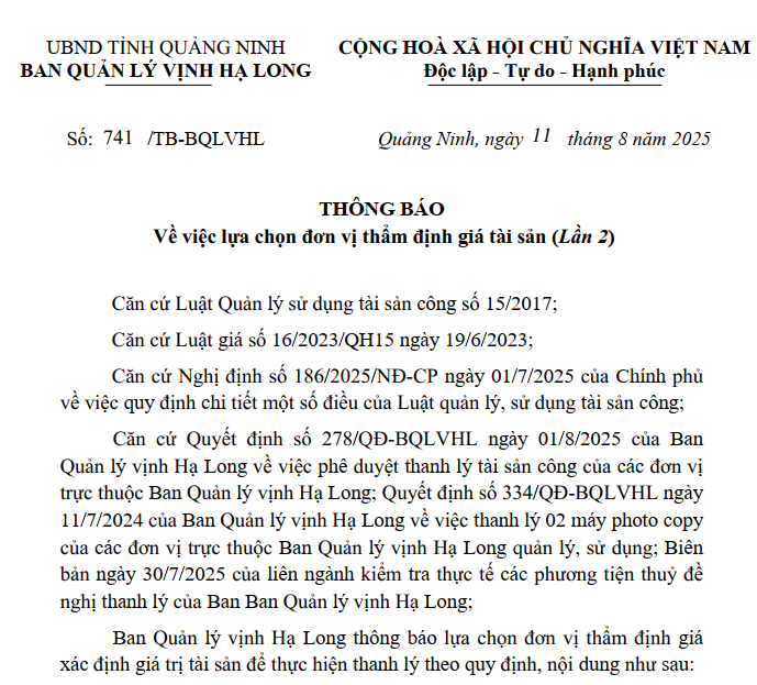 Ban Quản lý vịnh Hạ Long thông báo về việc lựa chọn đơn vị thẩm định giá tài sản công (Lần 2)