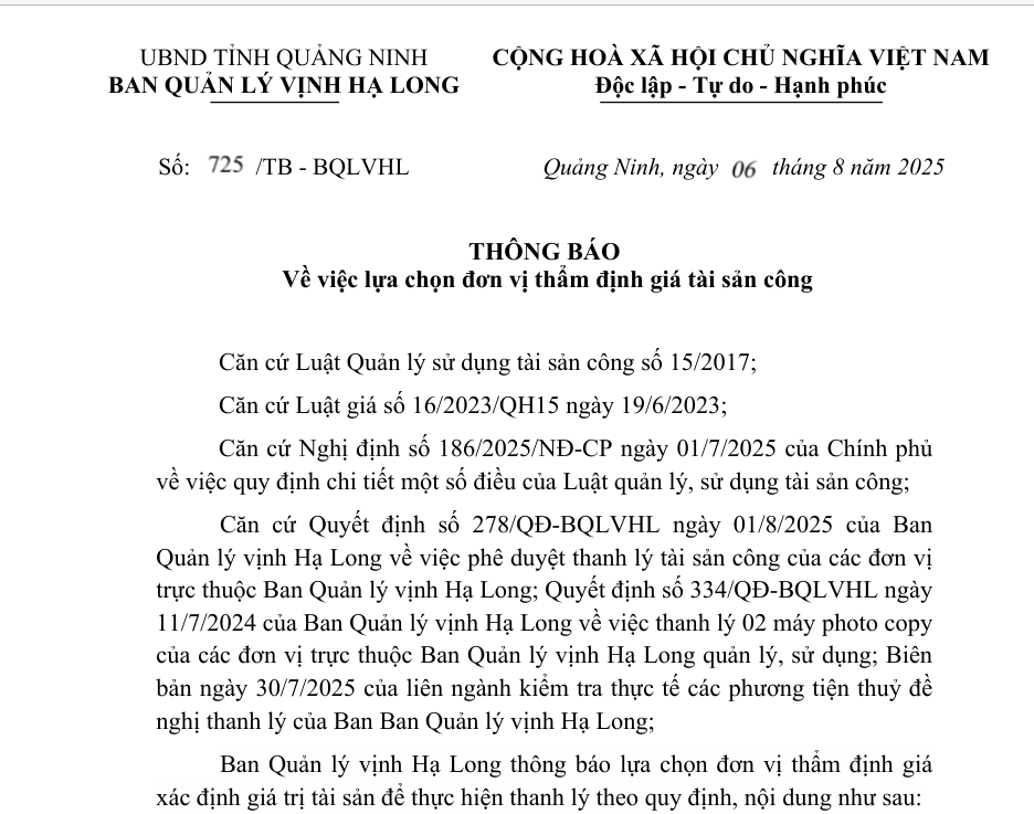 Ban Quản lý vịnh Hạ Long thông báo về việc lựa chọn đơn vị thẩm định giá tài sản công